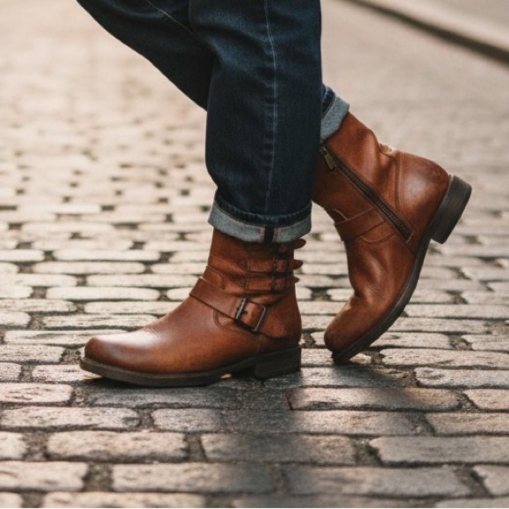 $389 Veronica Short Belted Cognac Leather Fringe Moto Vintage Combat Ankle Boot